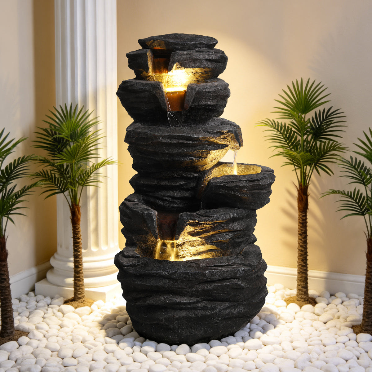 Resin Stacked Rock Fountain Outdoor in garden setting
