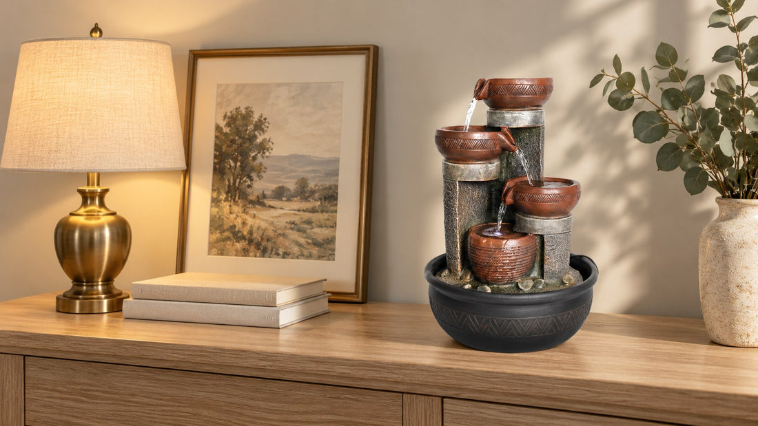 Small tabletop fountain with engraved bronze bowls on a hallway console table beside a lamp and books