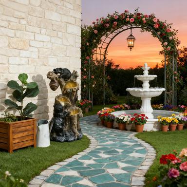Resin Bear and Beehive 3 Tier Outdoor Fountain 22 Inch in garden setting