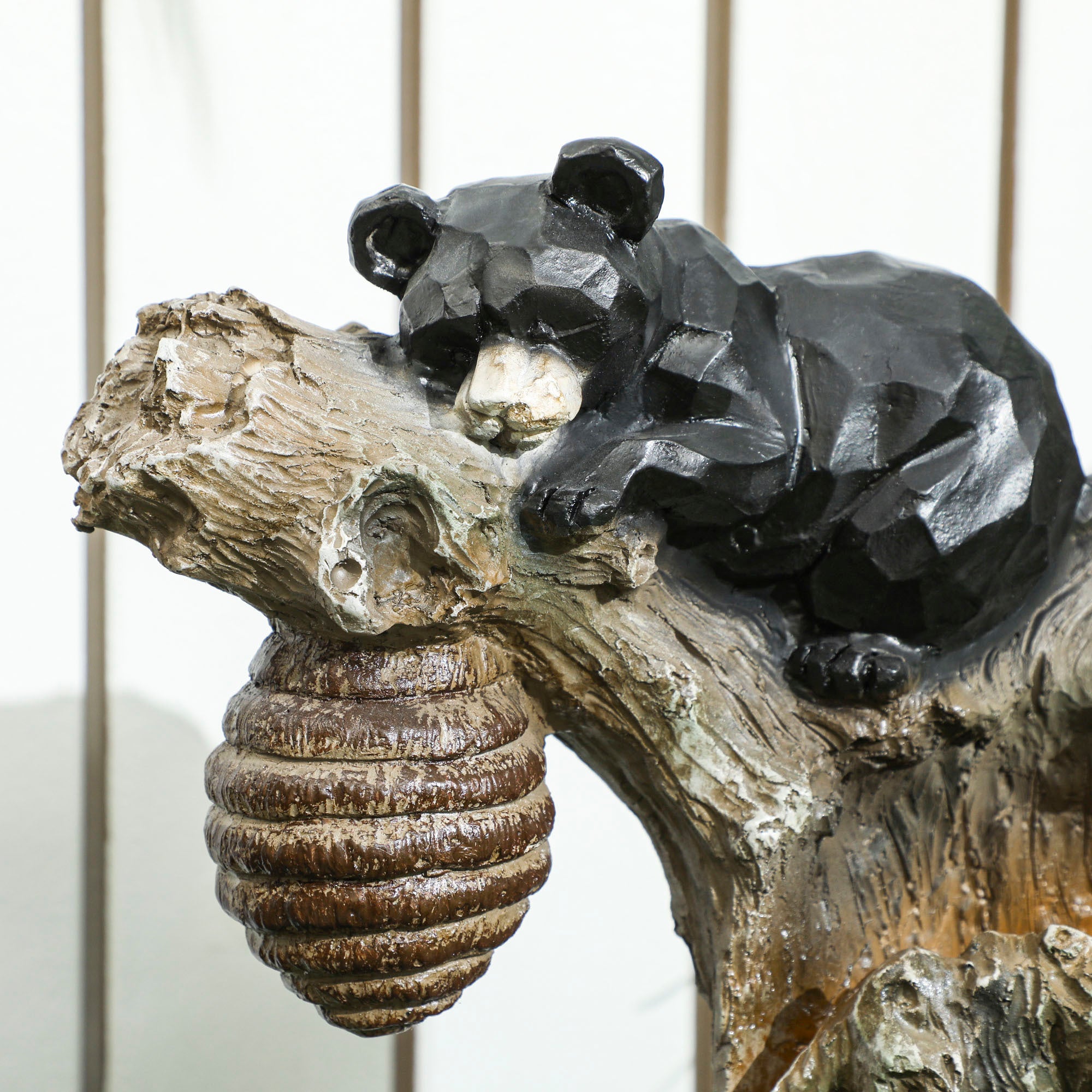 Resin Bear and Beehive 3 Tier Outdoor Fountain 22 Inch close up of water flow