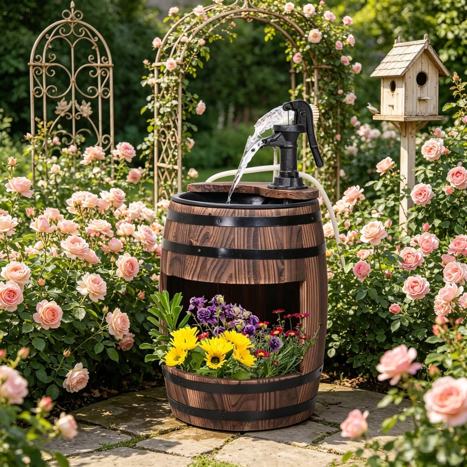 Wood and Iron Barrel Pump Fountain Planter 23 Inch in garden setting
