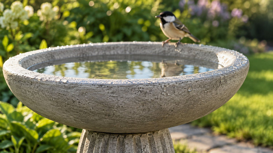 Close view of a gray cast stone bird bath bowl with water droplets on the rim and a chickadee perched beside them