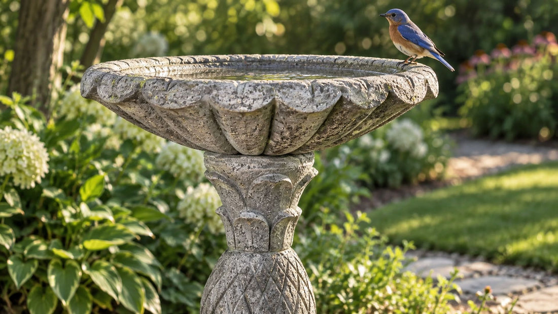 Scalloped concrete bird bath on a carved pineapple pedestal with an eastern bluebird on the rim
