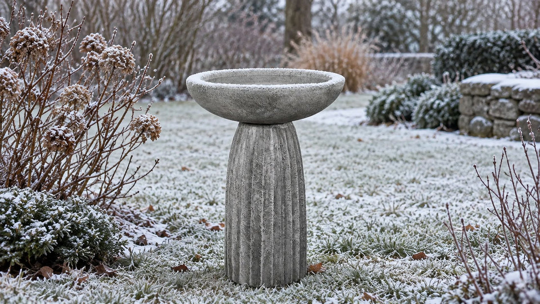 Fluted concrete bird bath with the bowl drained for winter in a frosted garden