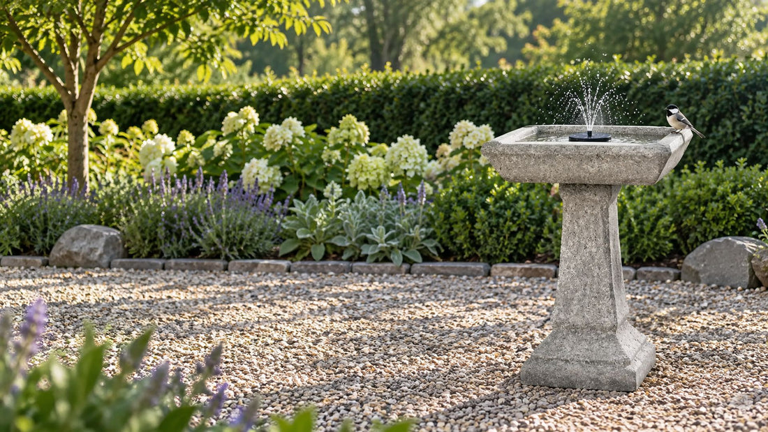 Square concrete bird bath with a floating solar pump sending a fine spray, a chickadee on the rim