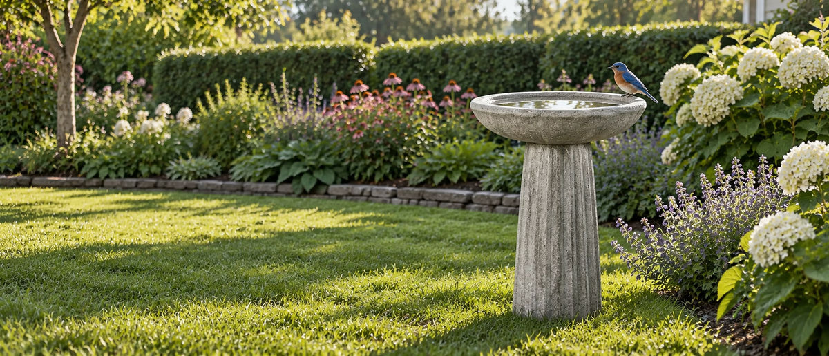Fluted concrete bird bath beside hydrangeas with a bluebird on the rim and lawn sweeping to the left