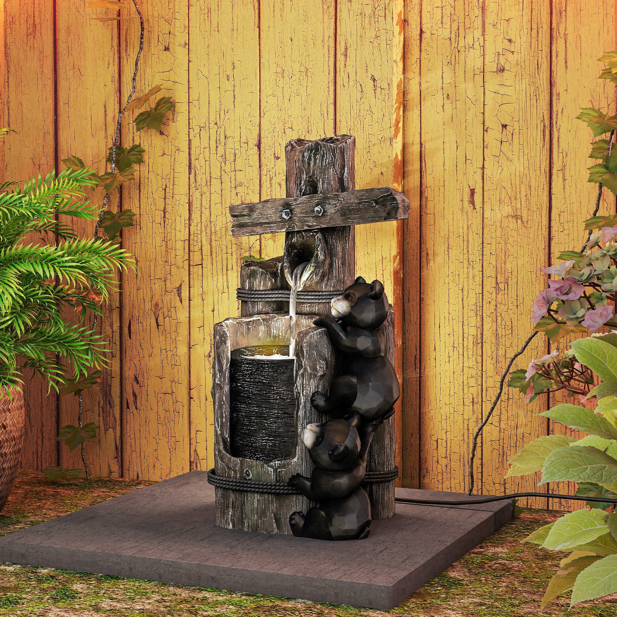 Resin Bear Fountain Two Cubs on Timber Post dimensions and size