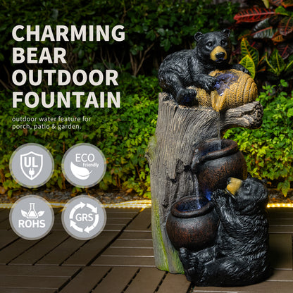 Resin Black Bear Outdoor Water Fountain on patio