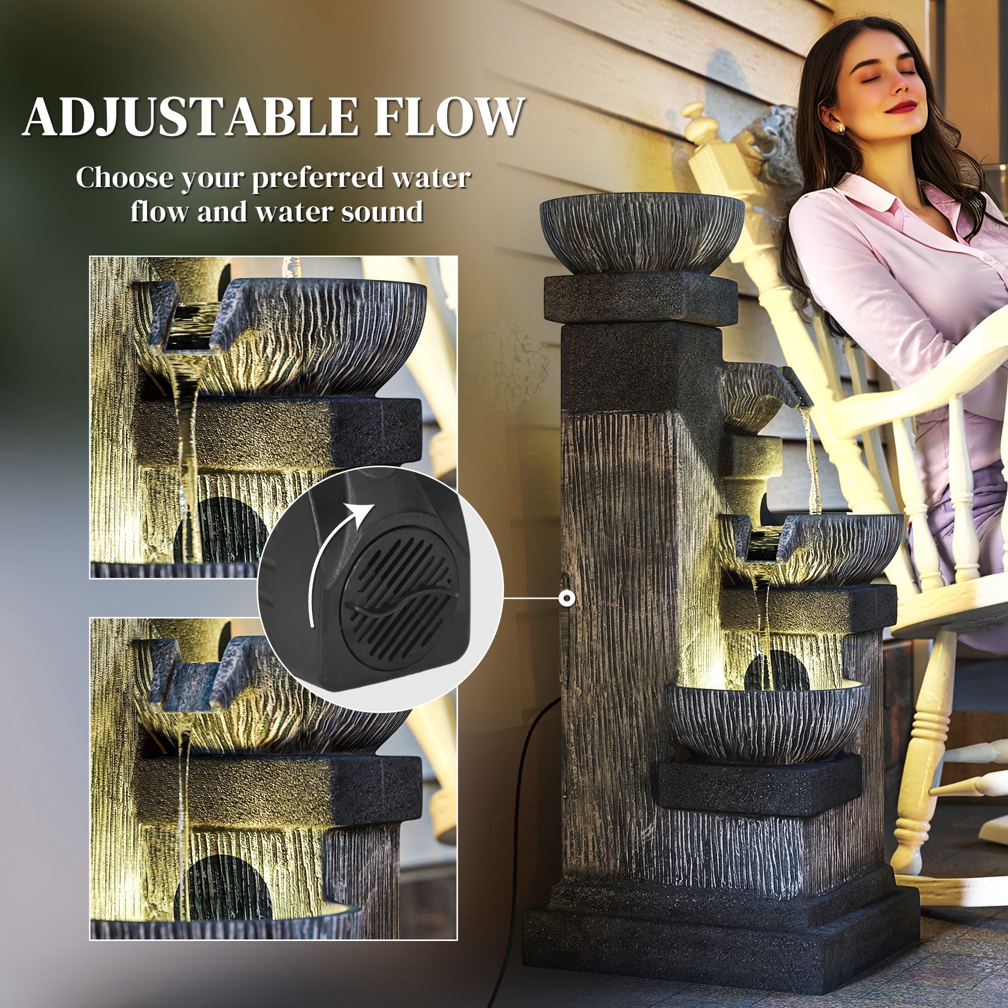 adjustable water flow feature of charcoal bowl tower fountain