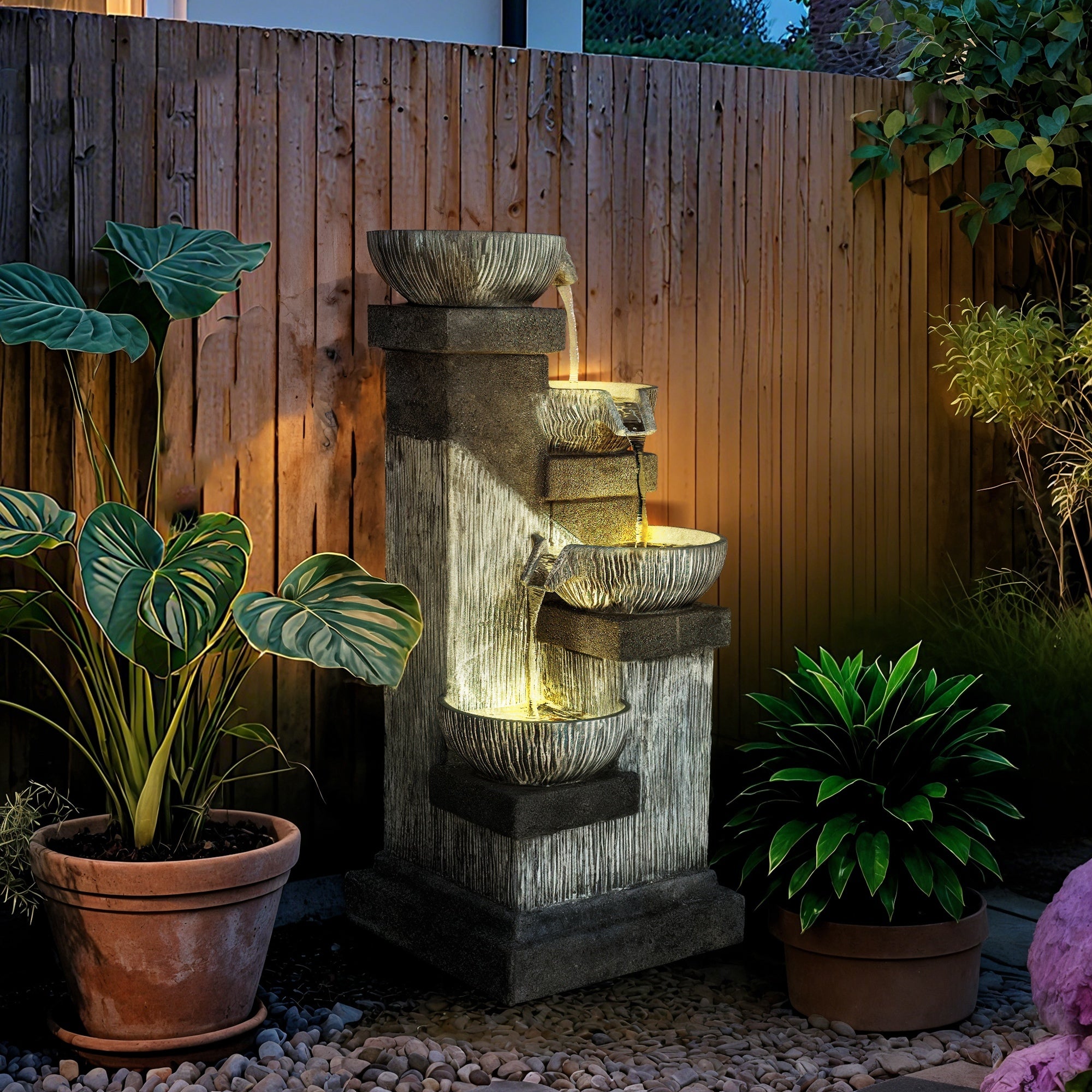 charcoal bowl tower fountain in a garden with potted plants