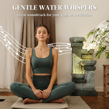 gentle water sounds feature of charcoal bowl tower fountain in a relaxing setting
