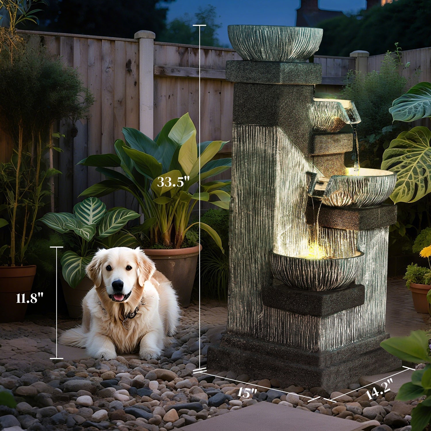 charcoal bowl tower fountain glowing at night in a garden with a dog nearby