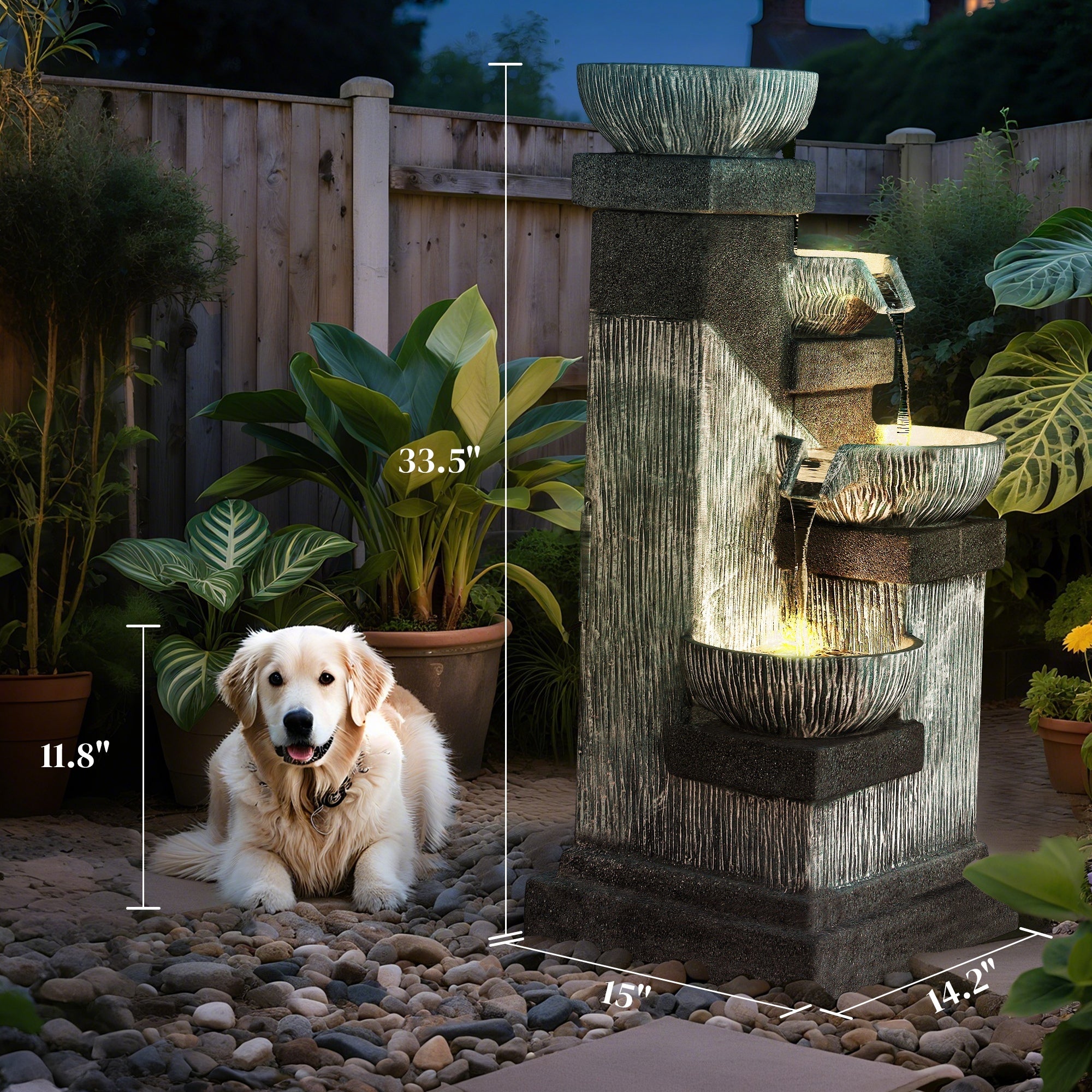 charcoal bowl tower fountain glowing at night in a garden with a dog nearby