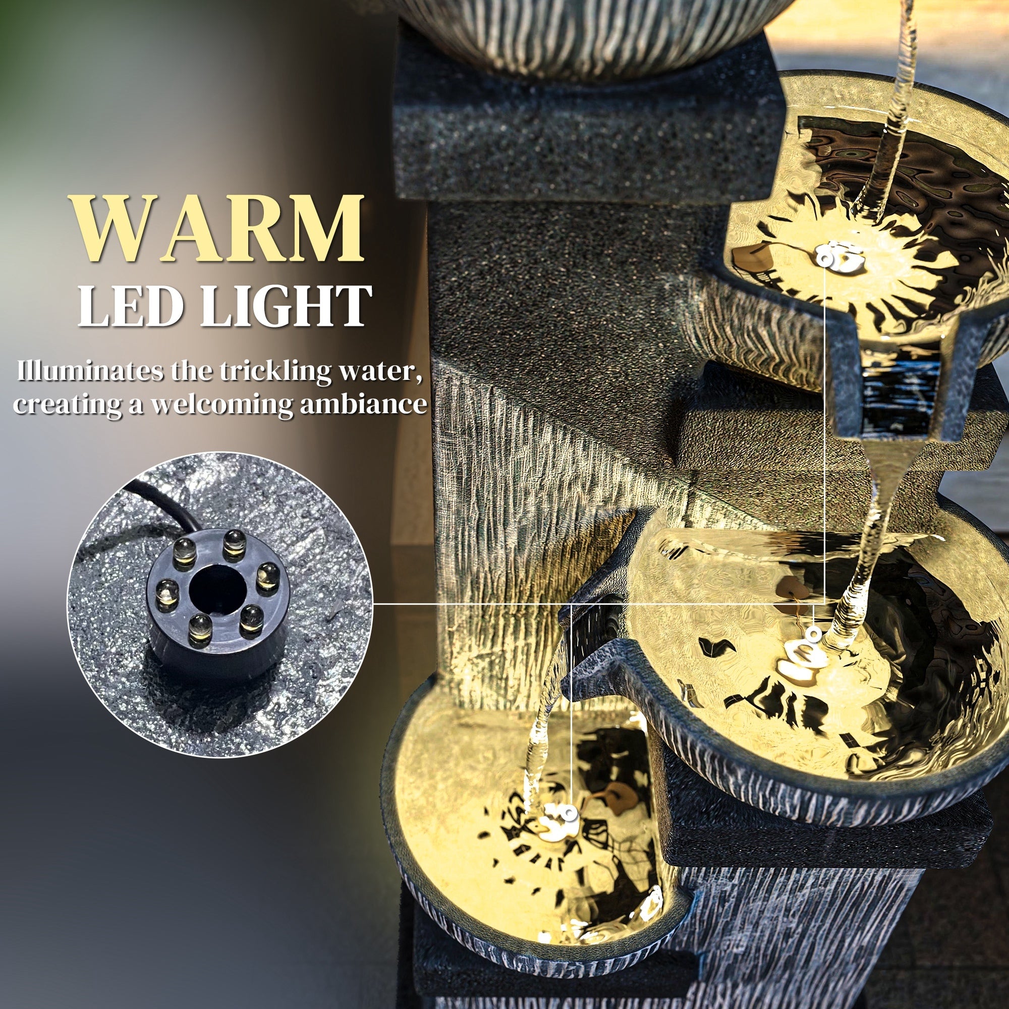 warm LED lighting detail on the cascading bowls at night
