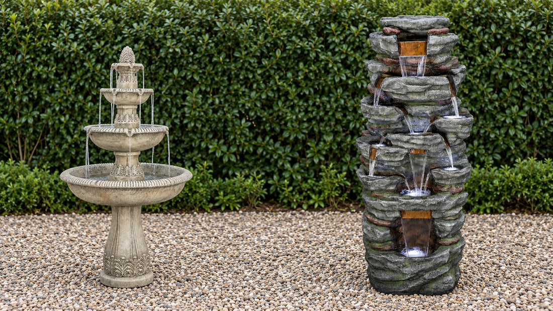 Cast concrete tiered fountain beside a taller stacked rock fountain on gravel, both running