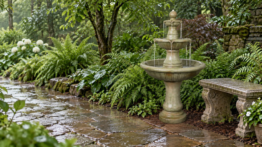 Pale green concrete three tier fountain with moss patina beside a stone bench in a fern garden after rain