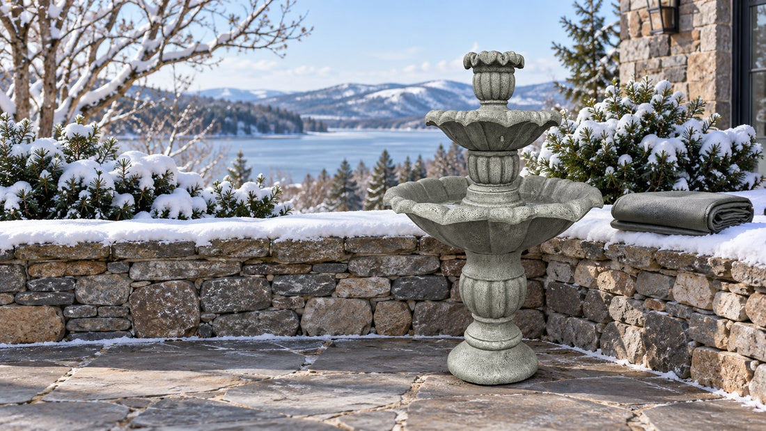 Concrete lotus three tier fountain drained for winter in a snowy courtyard with its cover on the wall