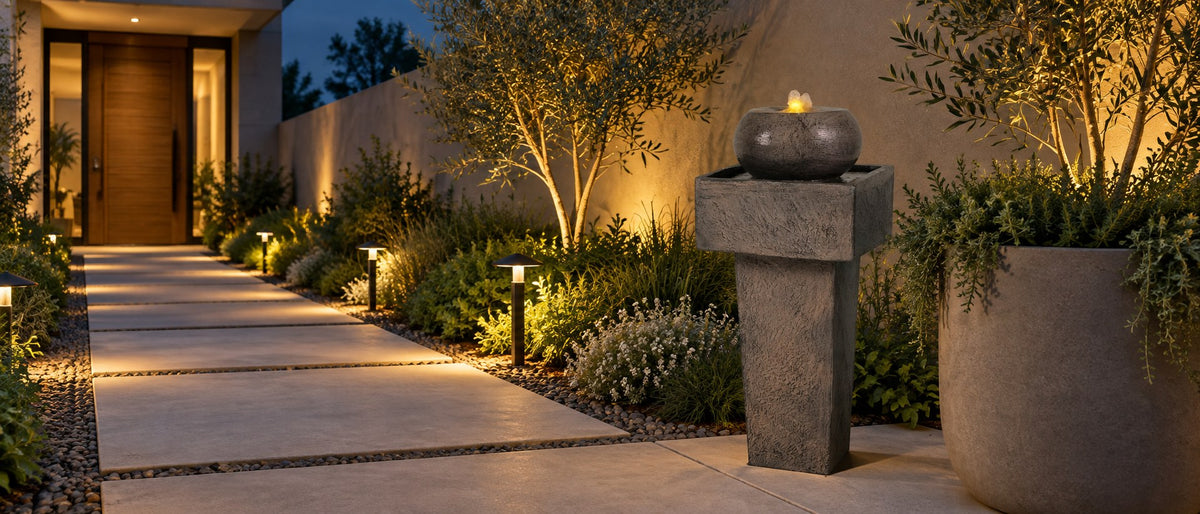 Concrete orb column fountain lit at dusk beside a front walkway and large planter