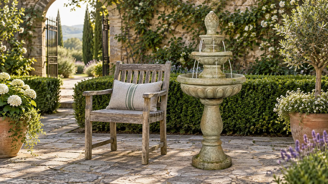 Weathered concrete three tier fountain with pineapple finial in a walled stone courtyard beside a wooden chair