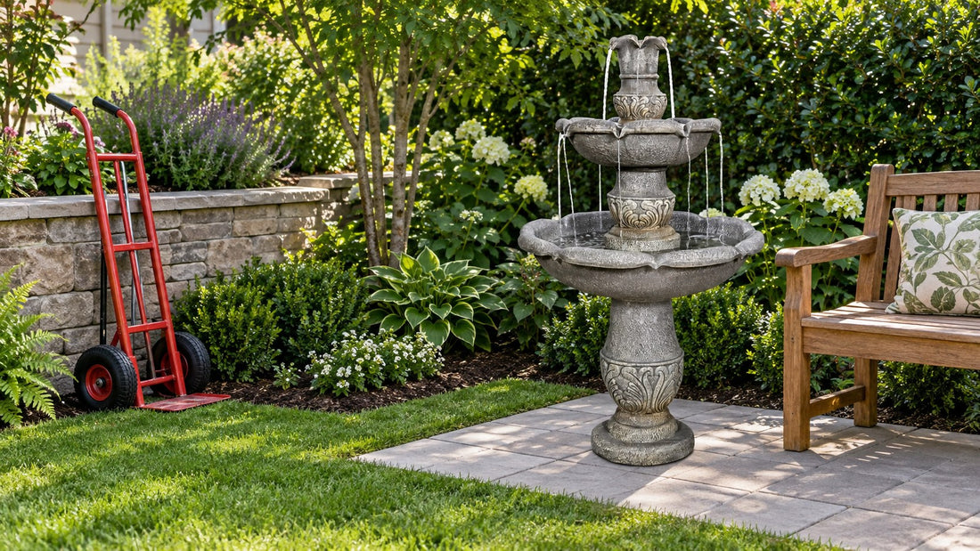 Carved concrete two tier fountain set level on pavers with a hand truck and garden bench nearby
