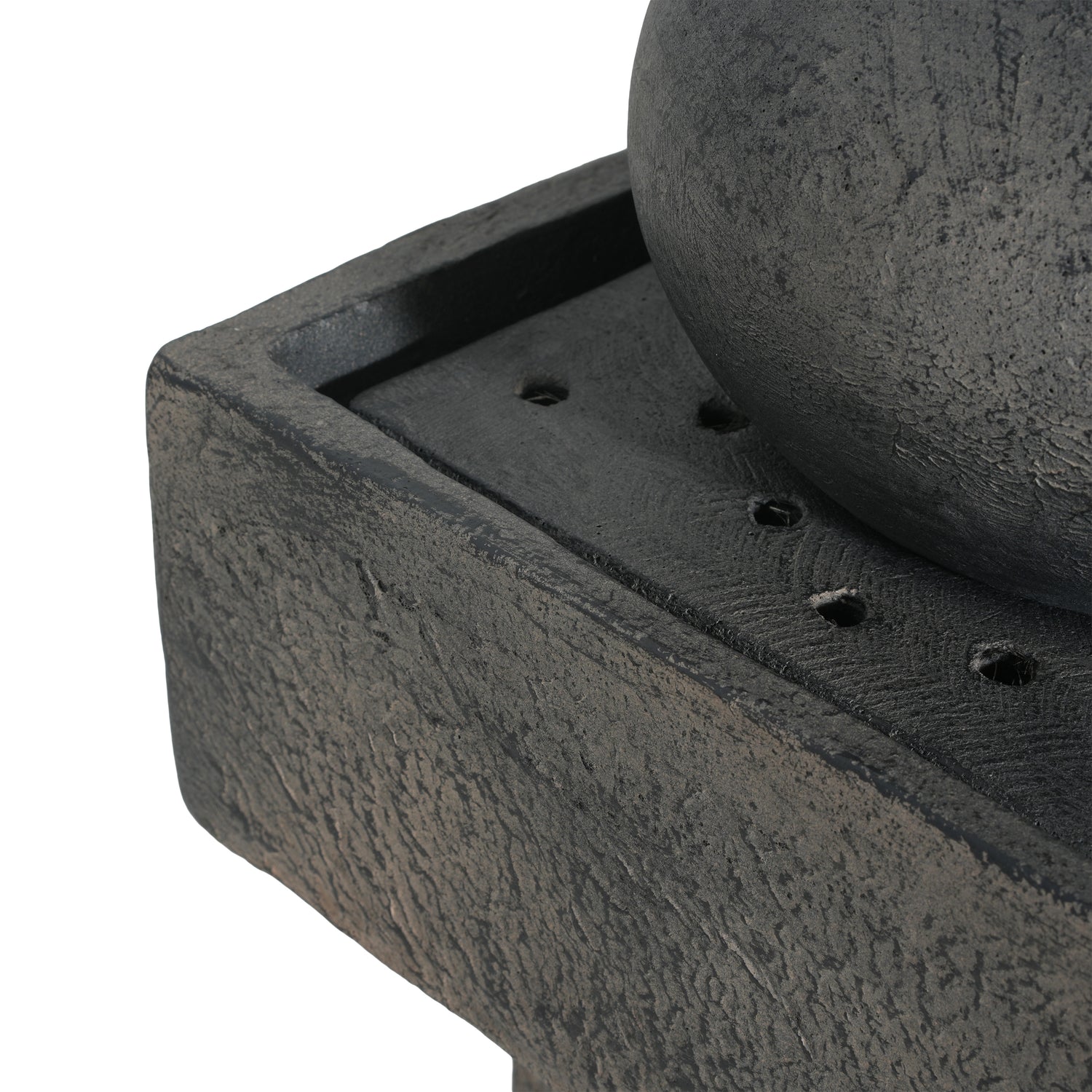 closeup of top bowl interior of concrete orb column fountain