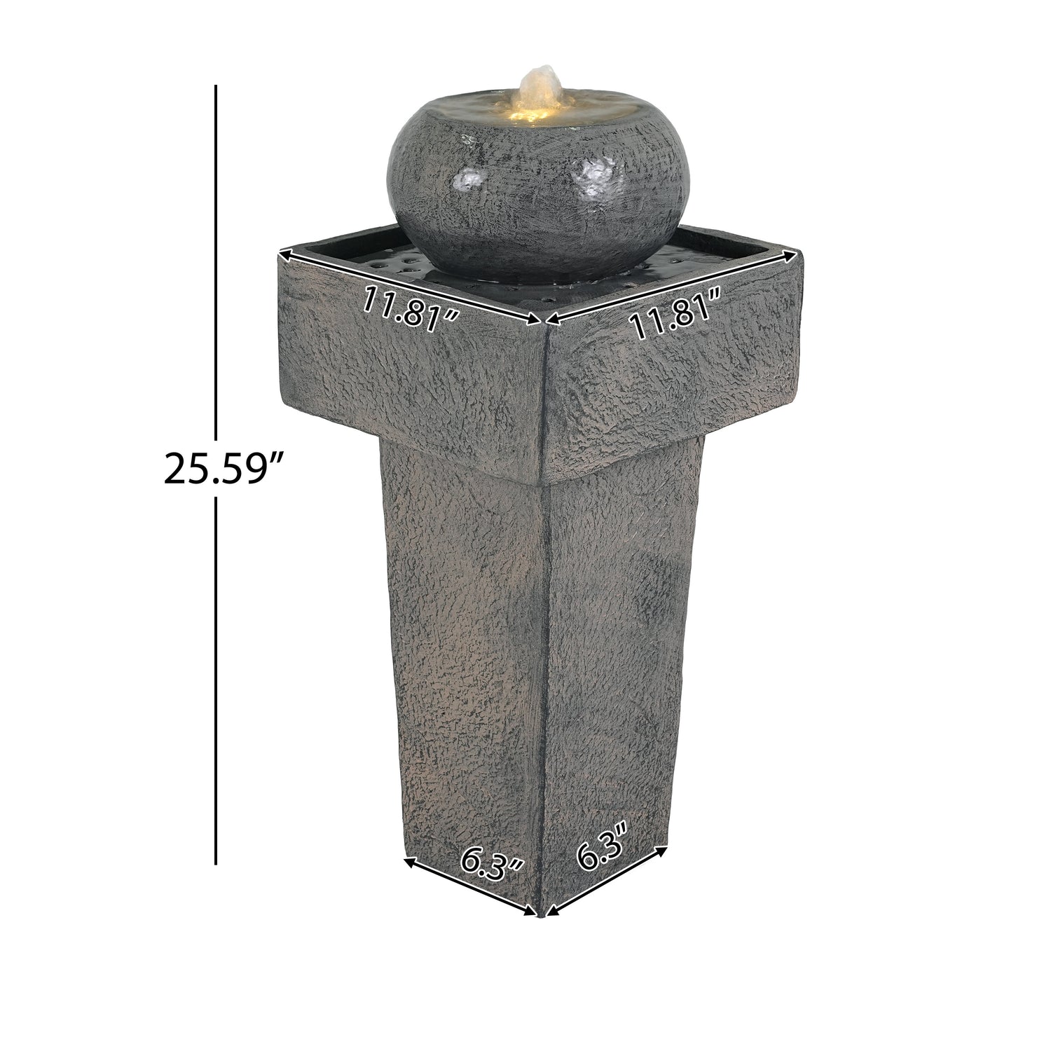 concrete orb column fountain full view with sphere top and square column