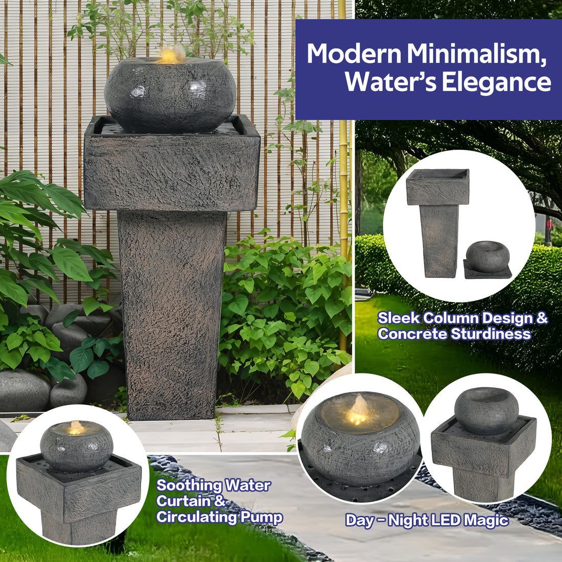 modern minimalist concrete orb column fountain feature overview