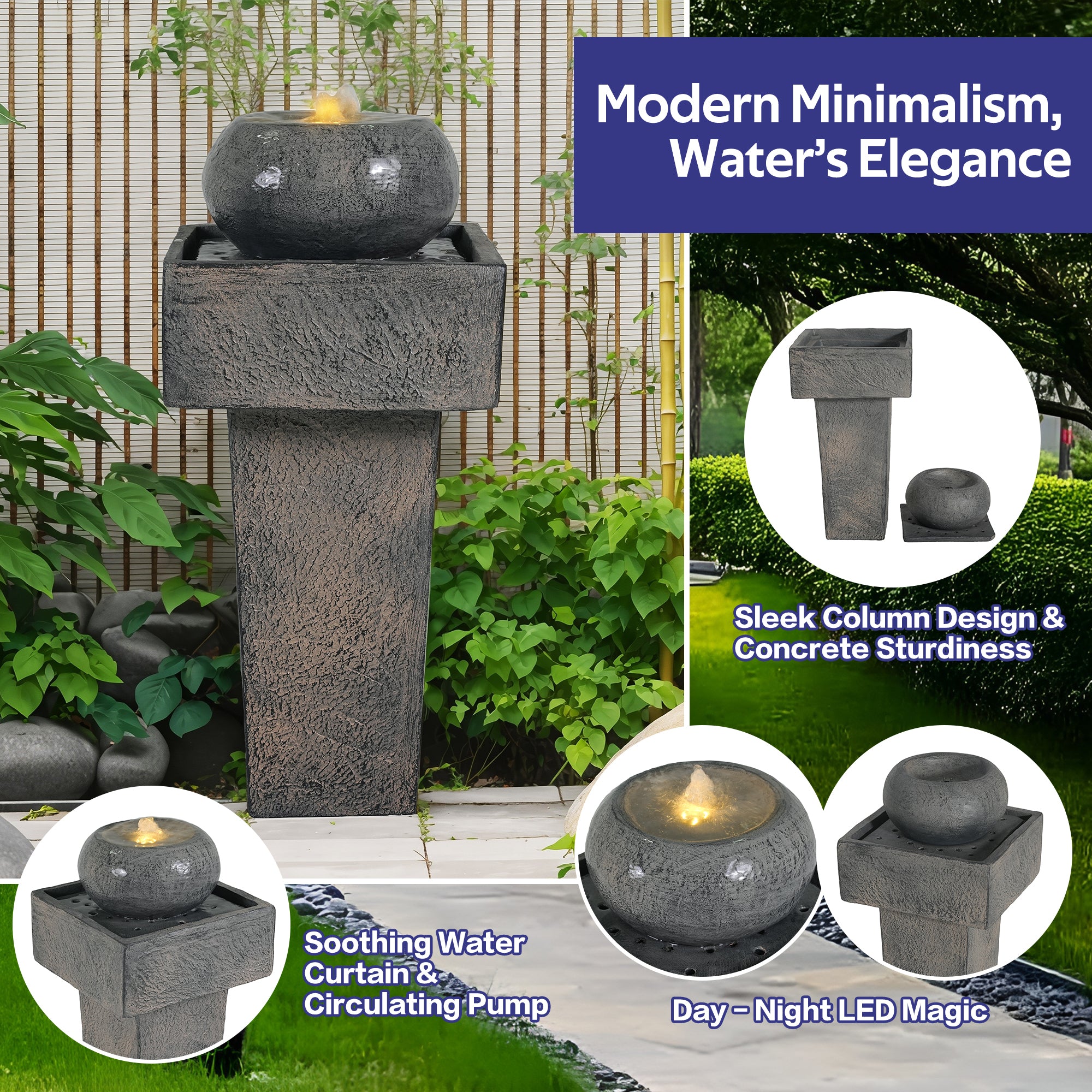 modern minimalist concrete orb column fountain feature overview