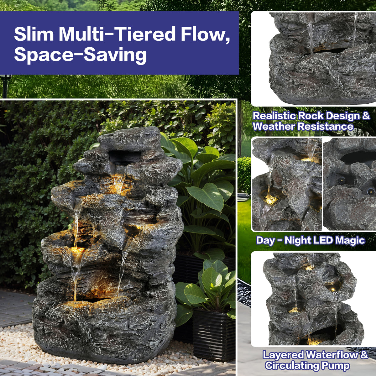 Concrete Rock Waterfall Fountain Outdoor in garden setting