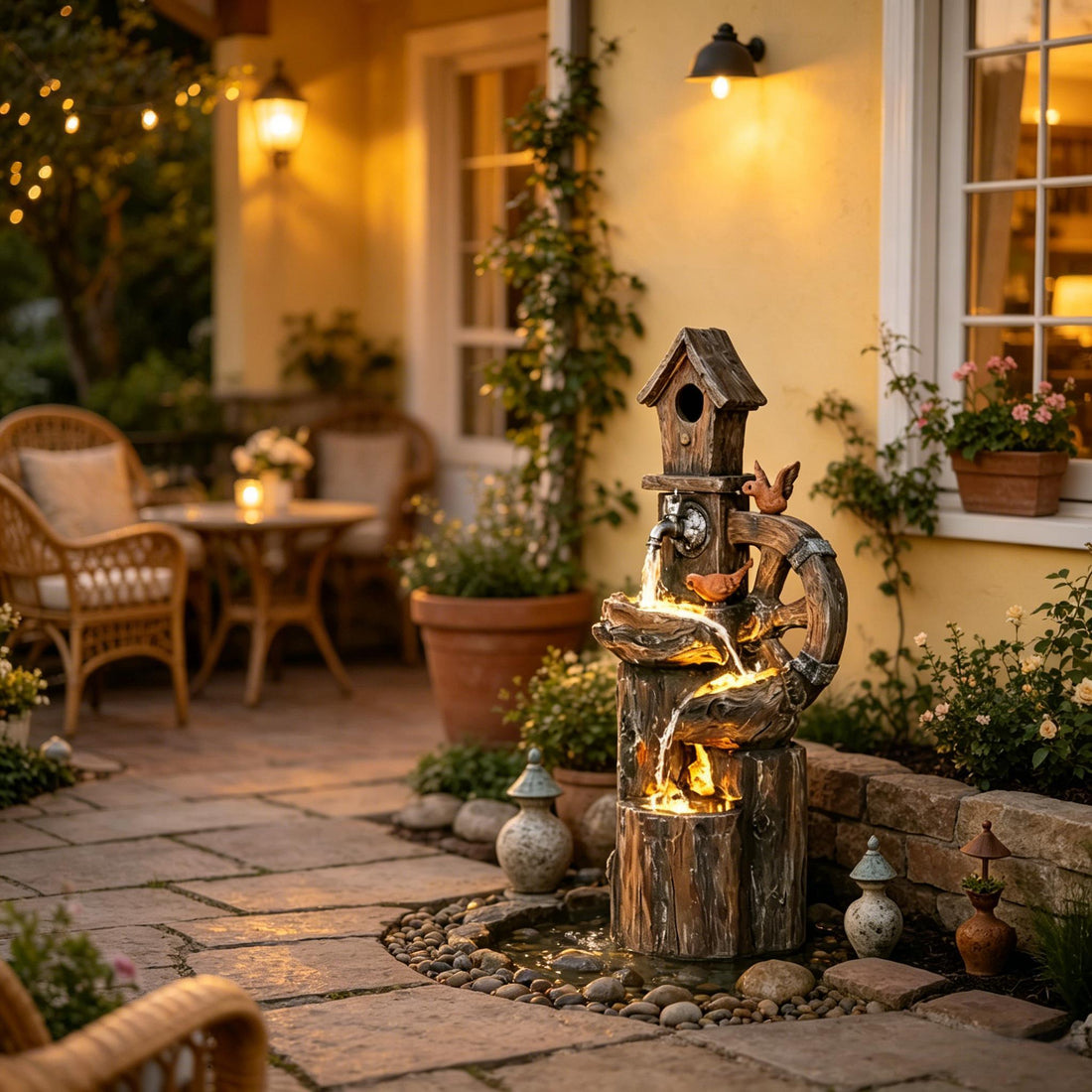 Resin Rustic Outdoor Fountain Birdhouse and Iron Tap