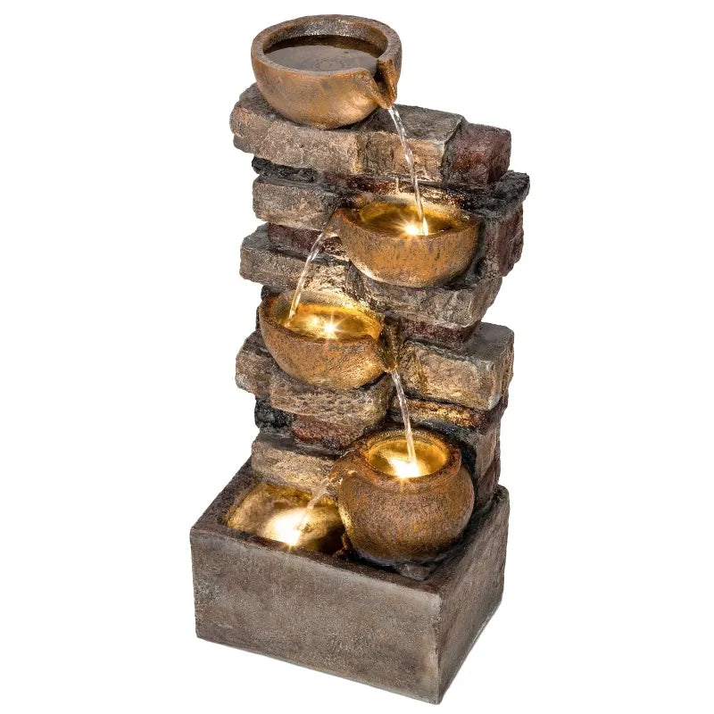 Resin Stacked Stone Bowl Cascade Fountain 28 Inch close up of water flow