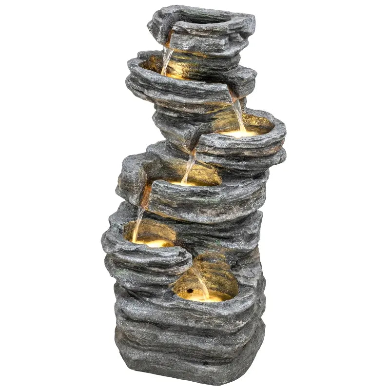 Resin 6 Tier Rock Cascade Outdoor Fountain 40 Inch close up of water flow
