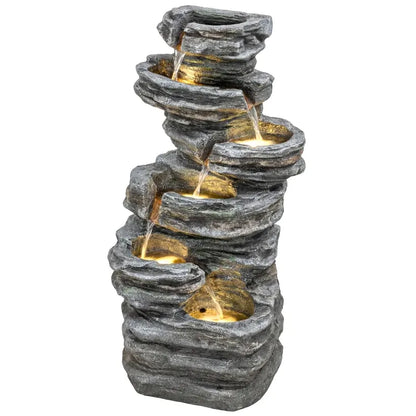 Resin 6 Tier Rock Cascade Outdoor Fountain 40 Inch close up of water flow
