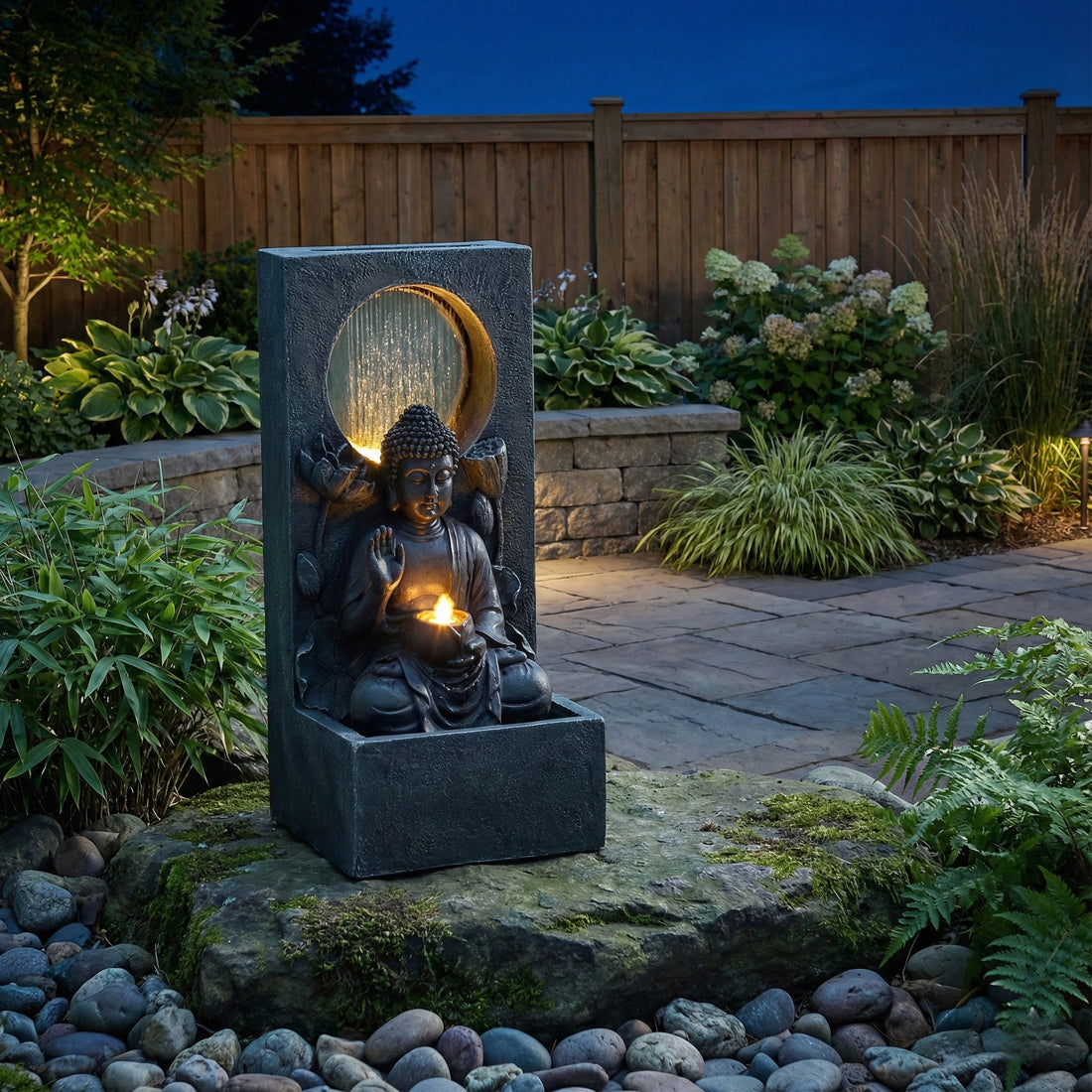 Resin Buddha Wall Panel Outdoor Fountain 28 Inch in garden setting