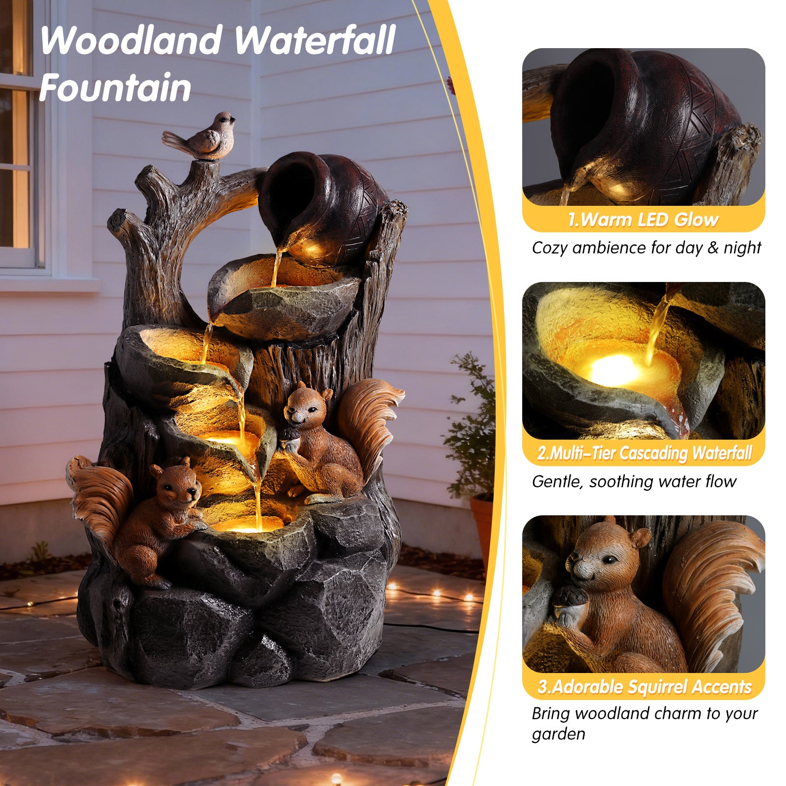 Resin Squirrel Tree Stump Outdoor Fountain 30 Inch material texture detail