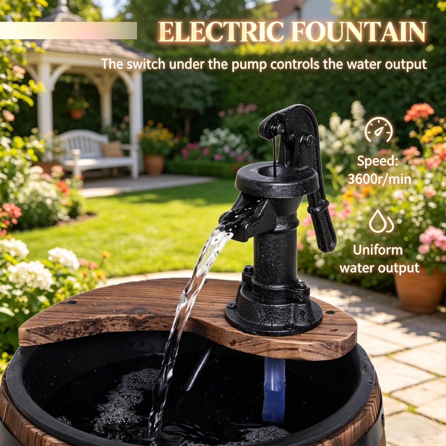 Wood and Iron Barrel Pump Fountain Planter 23 Inch LED lit at night