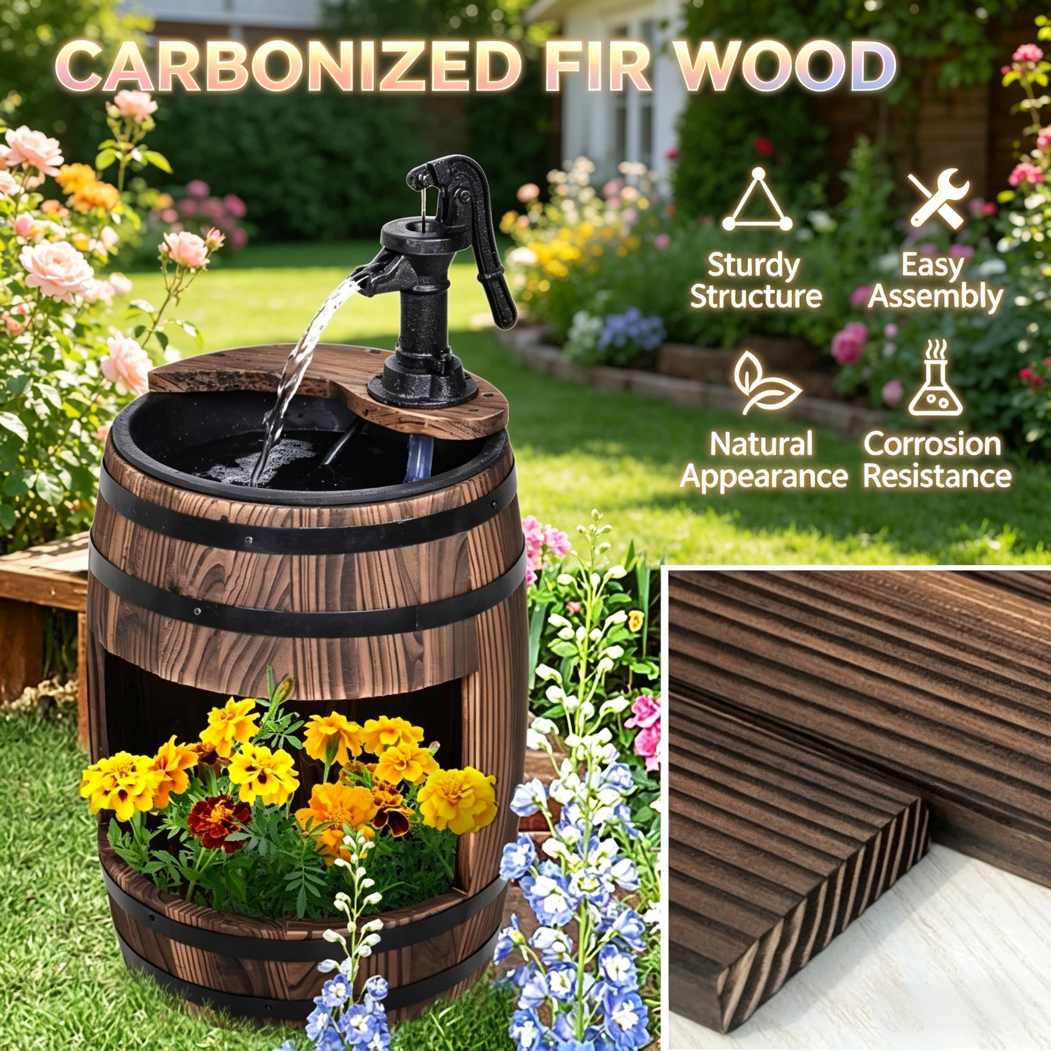 Wood and Iron Barrel Pump Fountain Planter 23 Inch dimensions and size