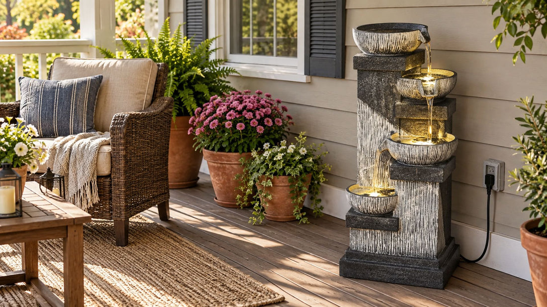 Four bowl tiered fountain running on a covered porch, slim power cord tucked along the wall to an outdoor outlet