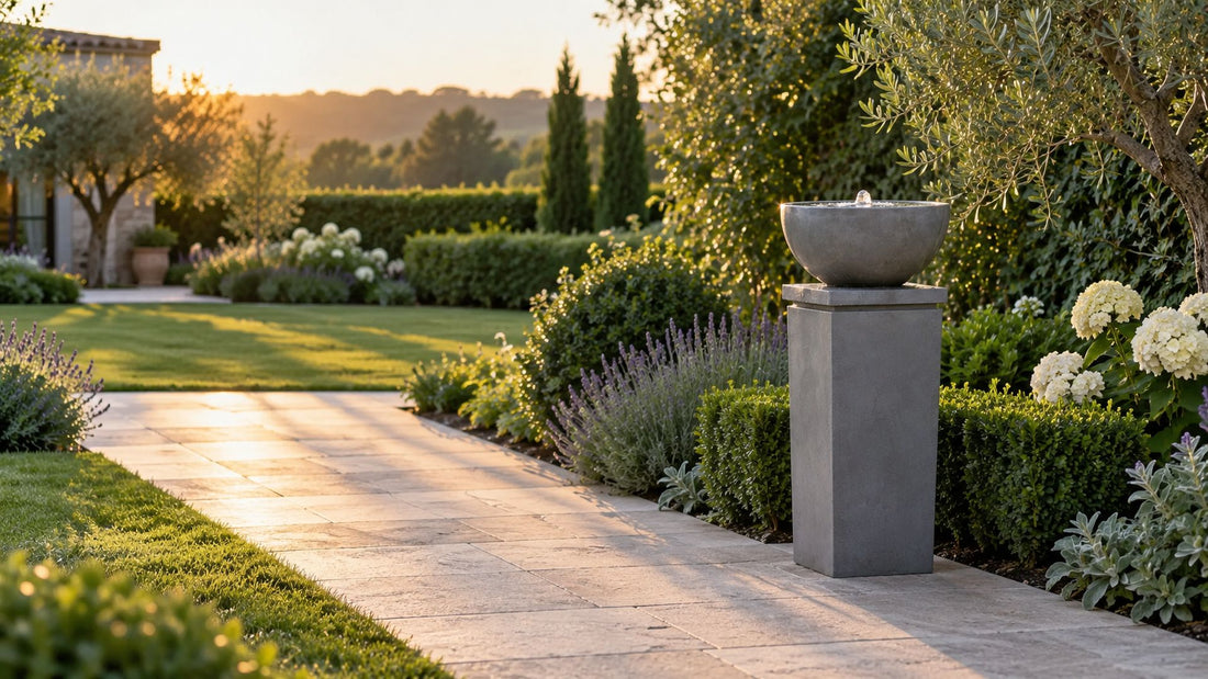 Tall pedestal bowl fountain at the end of a paving path at sunset, standing above the clipped border planting