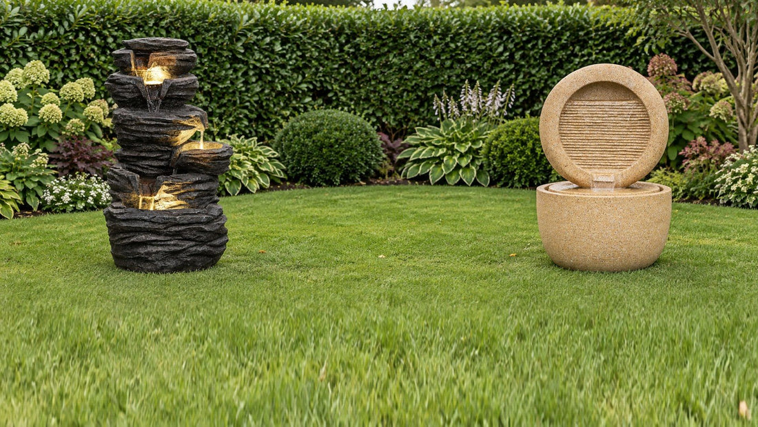 Dark stacked rock resin fountain and pale cream cast concrete fountain running apart on an open lawn