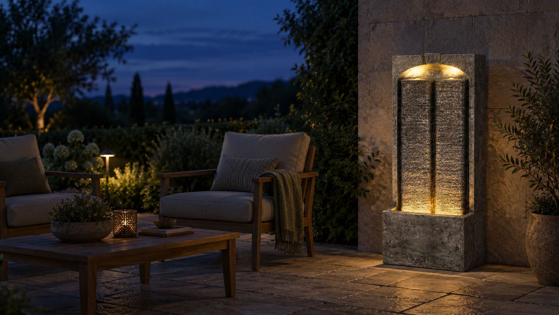 Slate column wall fountain at dusk, warm LED light glowing up through the falling water beside patio chairs
