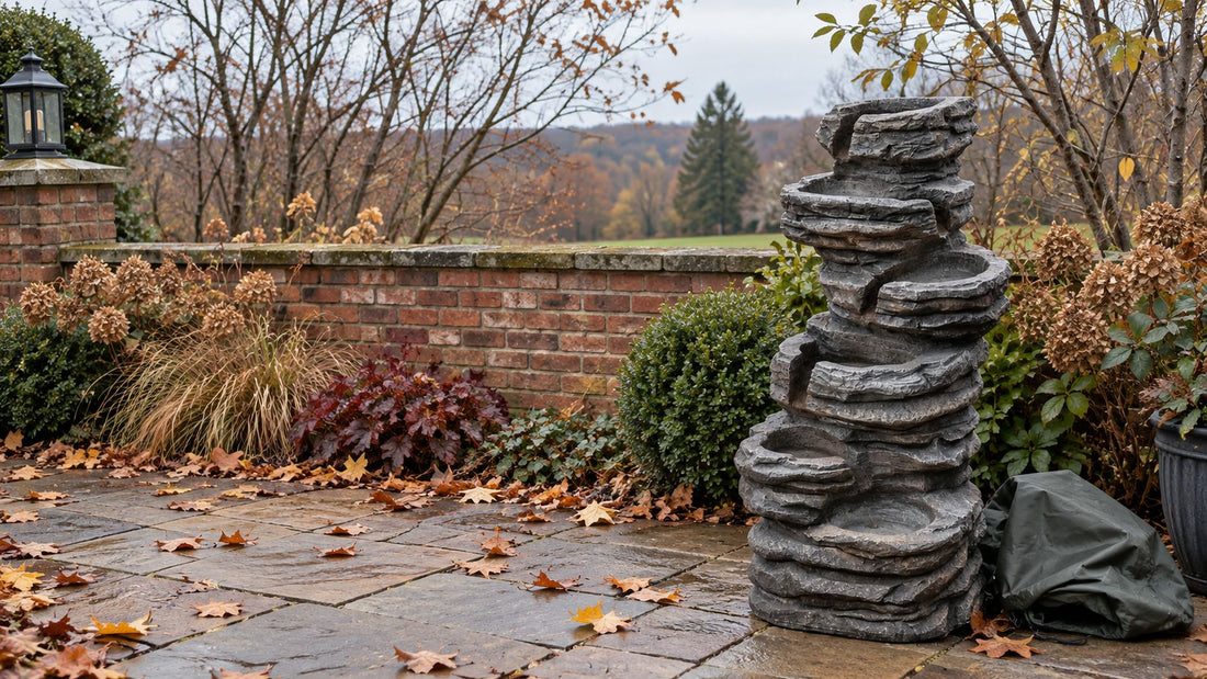 Tiered rock fountain switched off and drained for winter, breathable cover folded on the leaves beside it