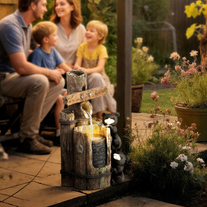 Resin Bear Fountain Two Cubs on Timber Post LED lit at night