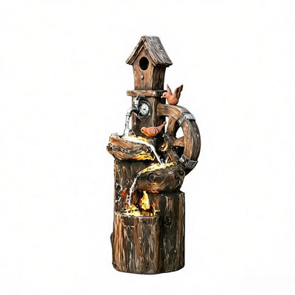 Resin Rustic Outdoor Fountain Birdhouse and Iron Tap