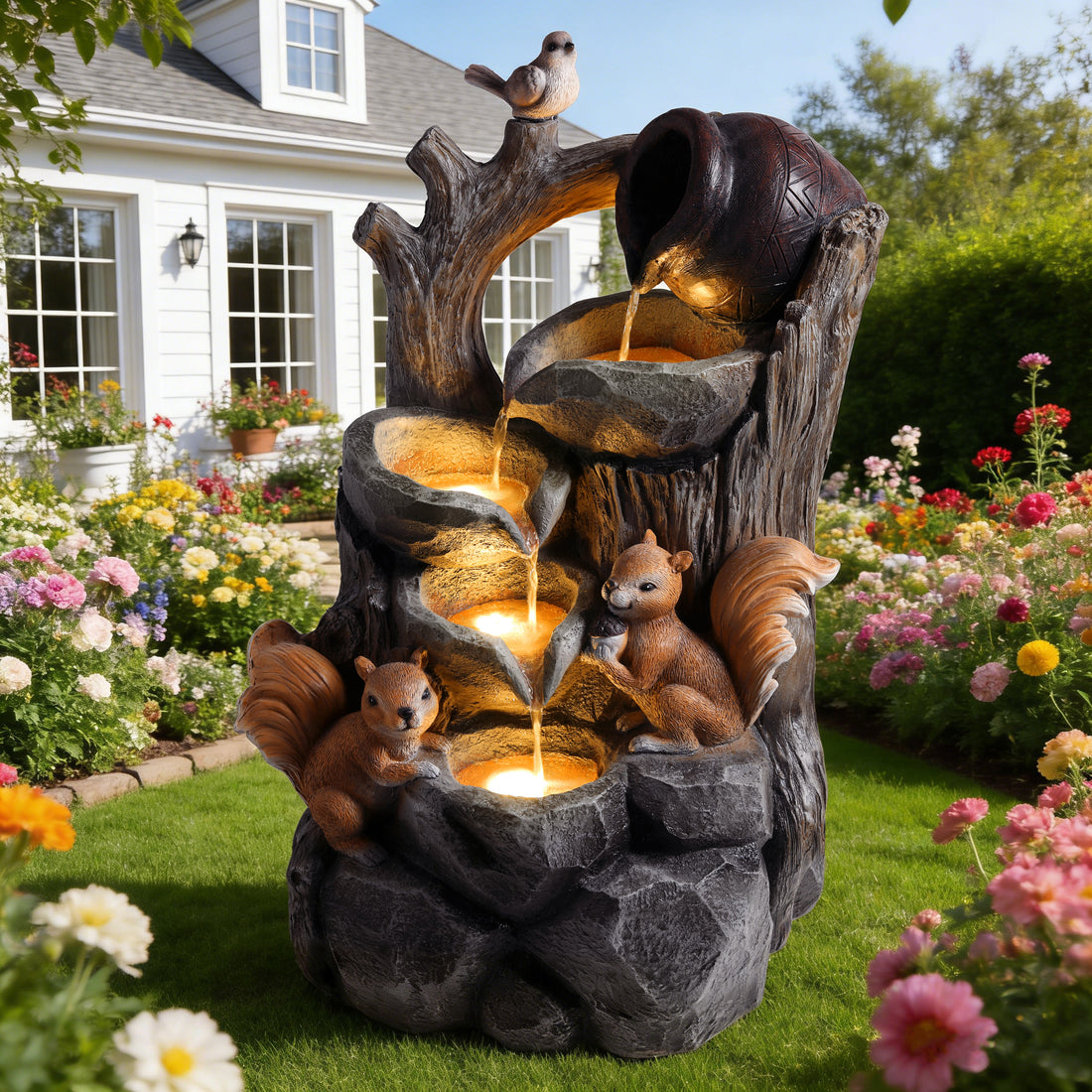 Resin Squirrel Tree Stump Outdoor Fountain 30 Inch in garden setting