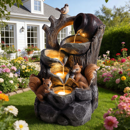 Resin Squirrel Tree Stump Outdoor Fountain 30 Inch in garden setting
