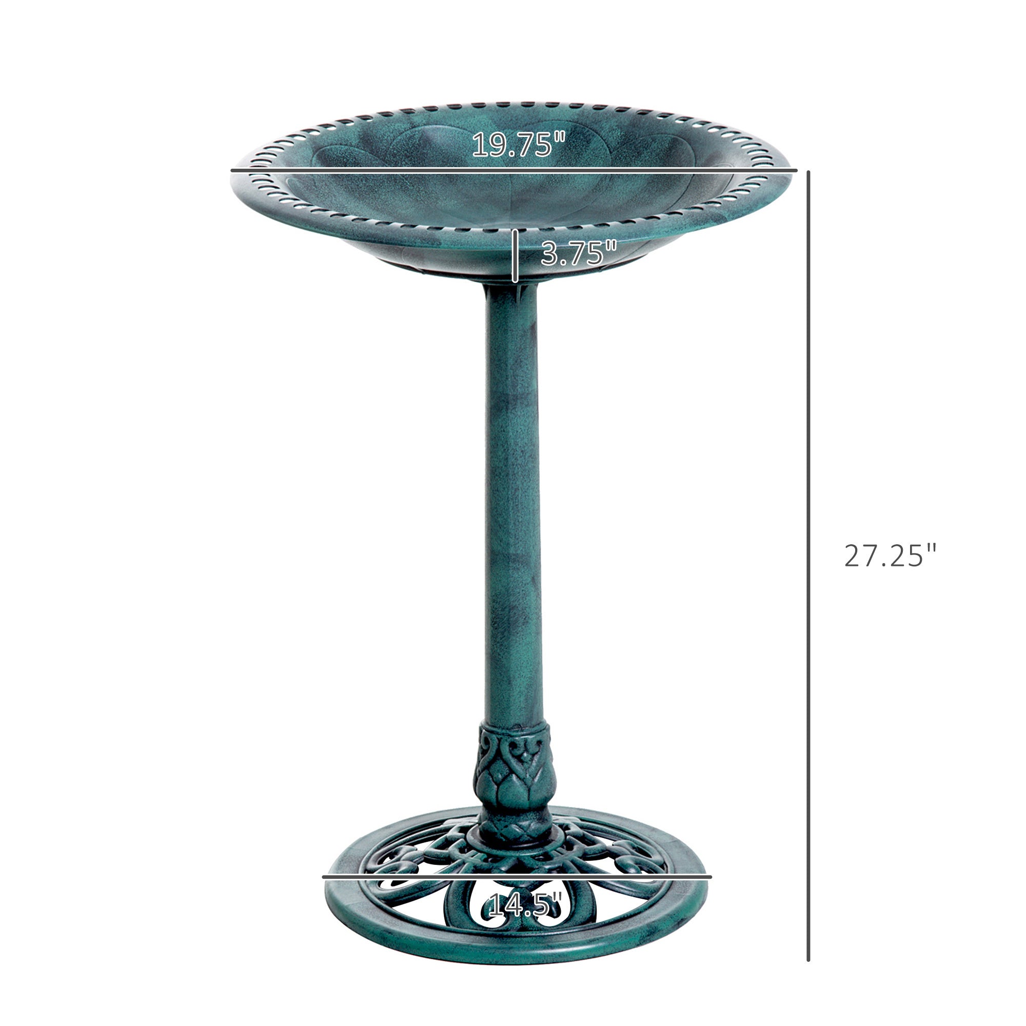 fleur-de-lis bird bath dimensions diagram 27.25 inch height with 19.75 inch basin