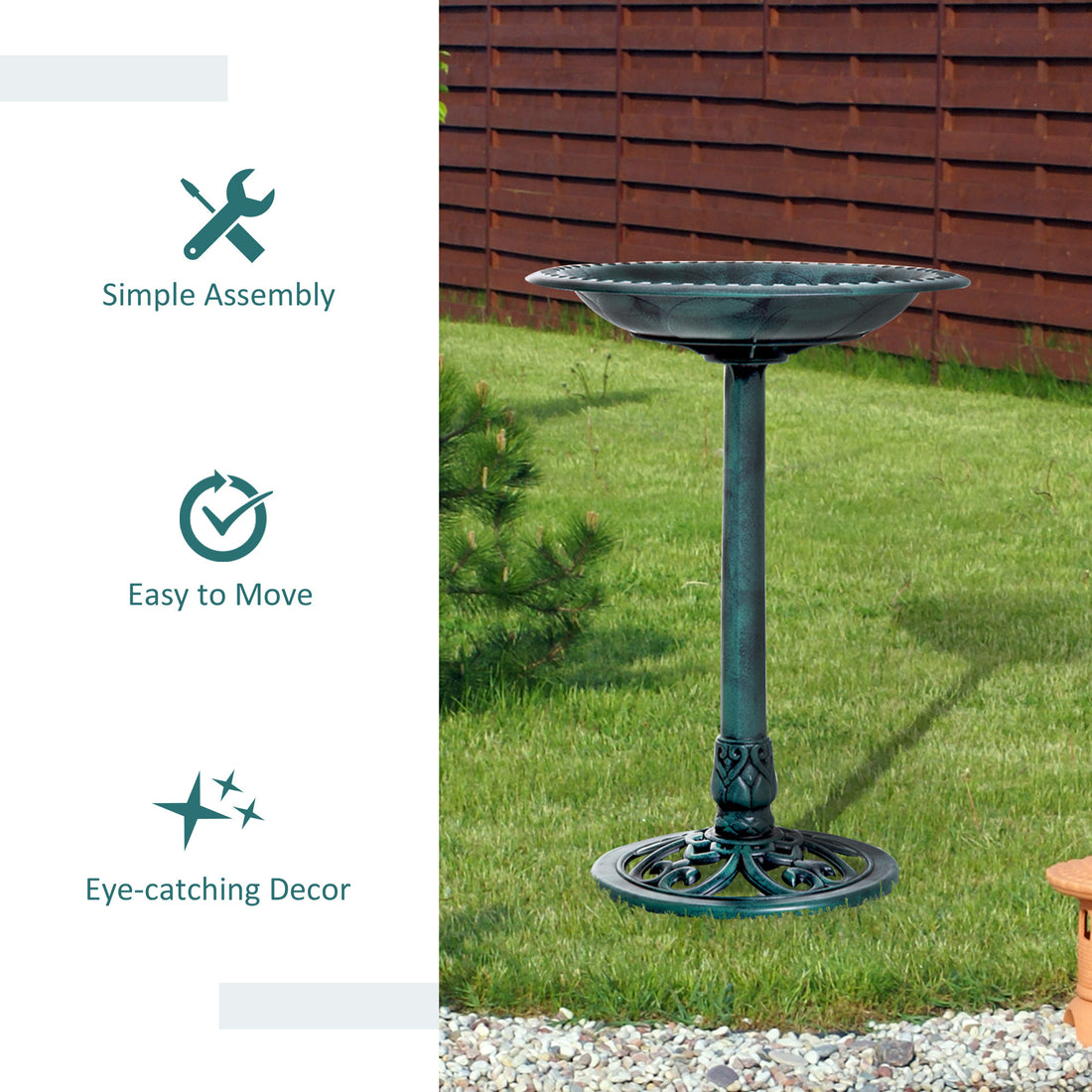 fleur-de-lis bird bath setup and dimensions infographic 28 inch height