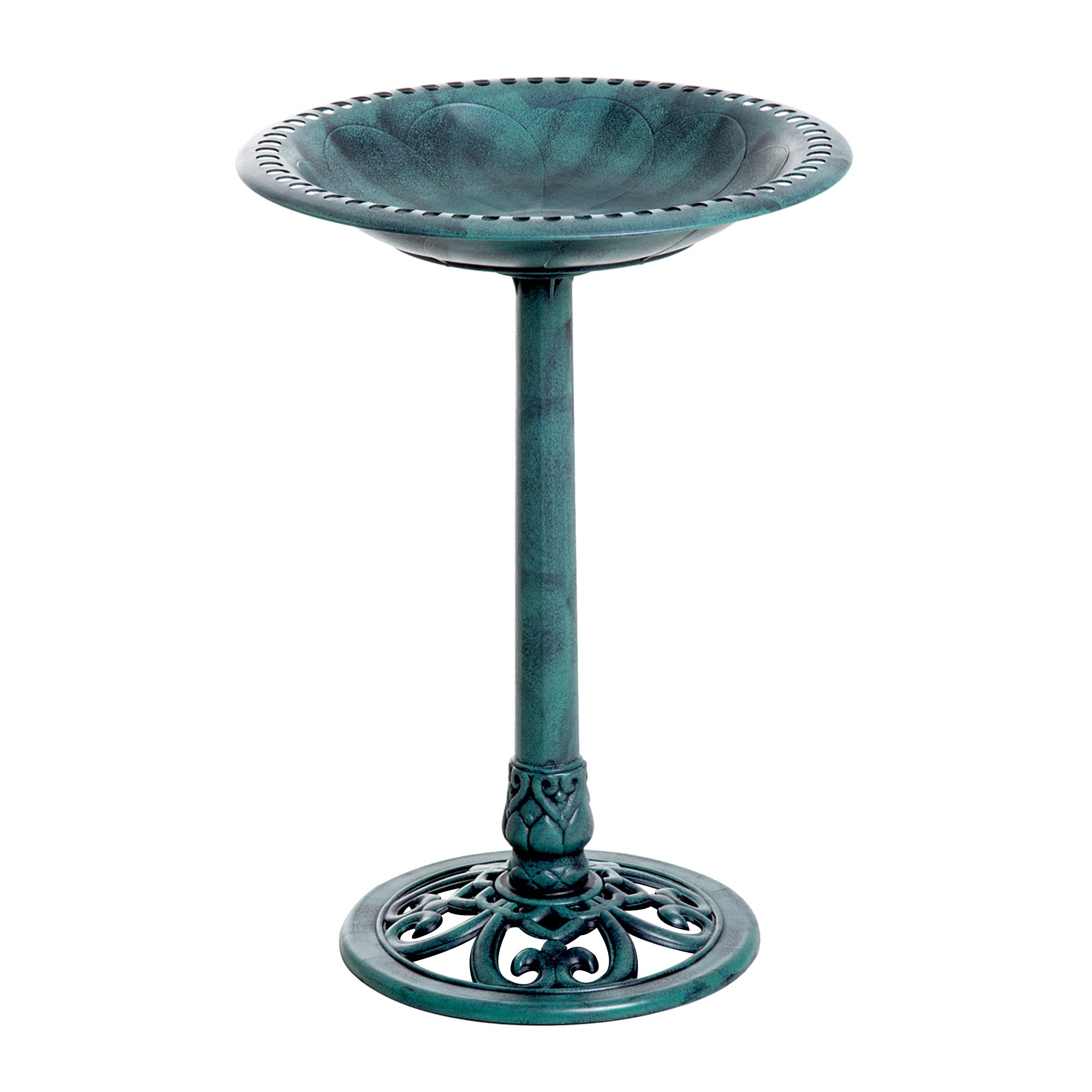 full view of fleur-de-lis green verdigris pedestal bird bath with shell basin