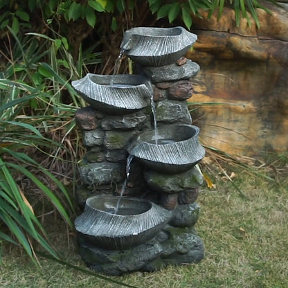 fluted basin rock fountain in a garden beside a stone wall with ferns